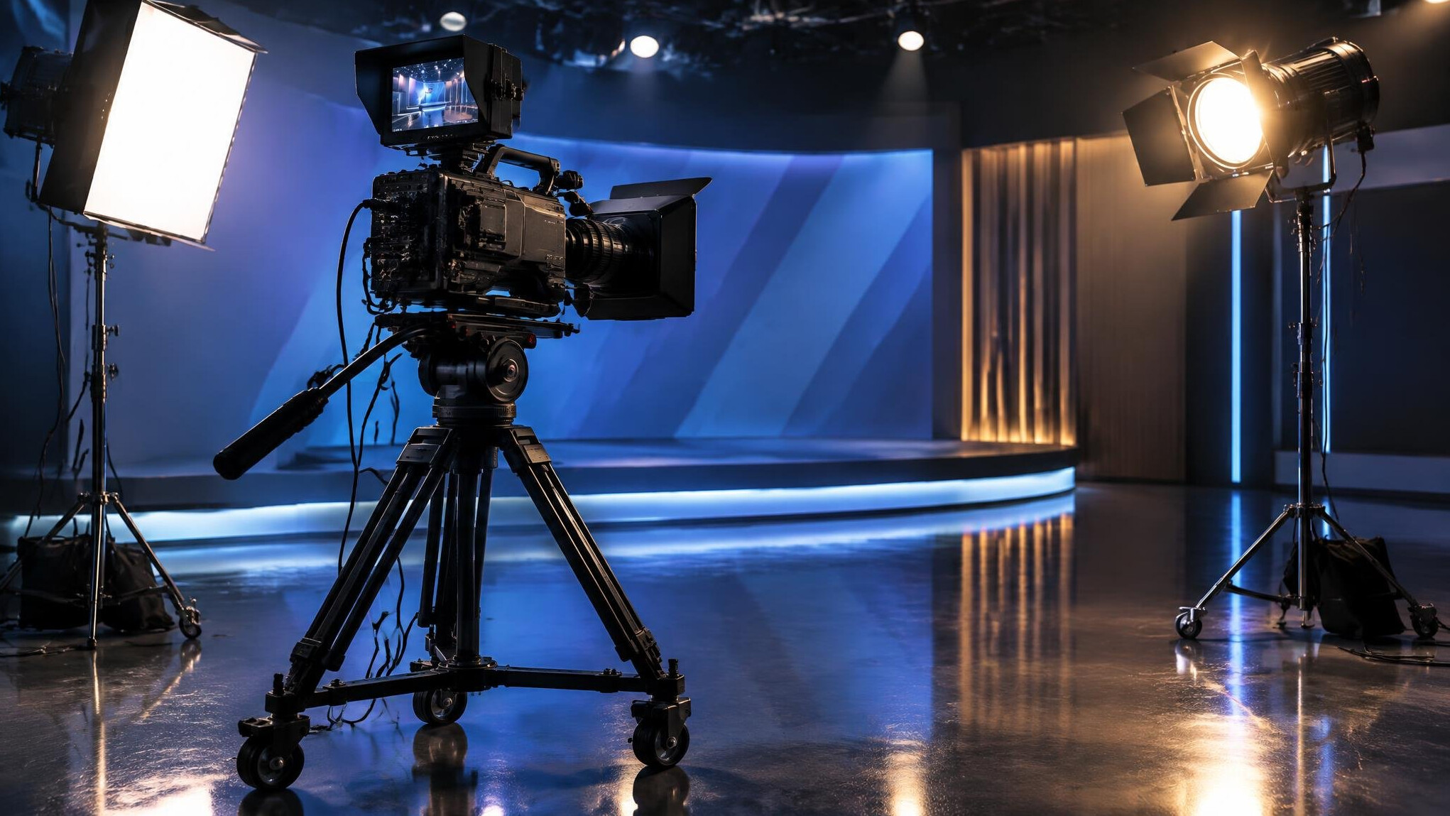 Cinema camera and lighting equipment on a studio floor