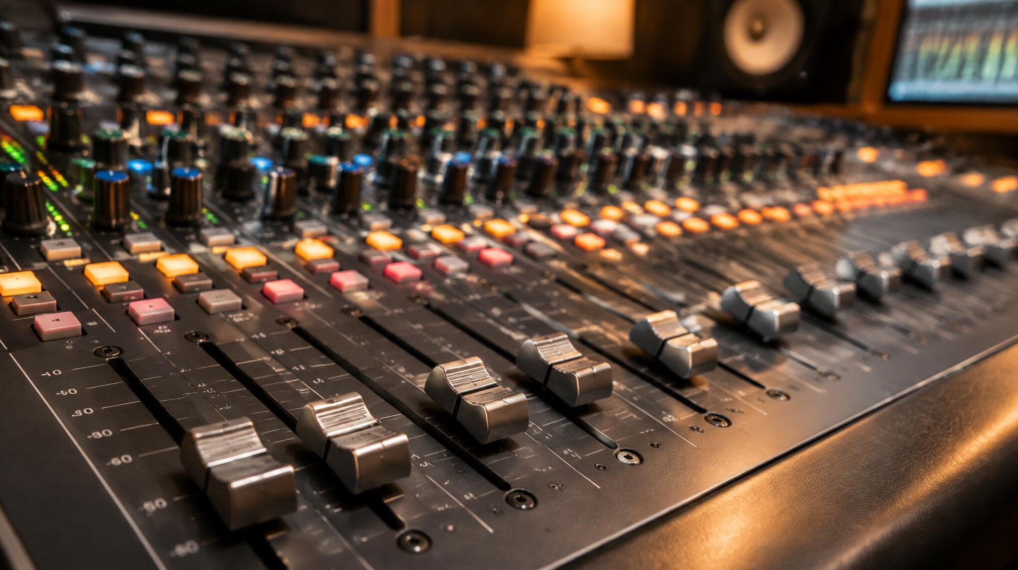 Professional audio mixing console with faders and knobs in a studio