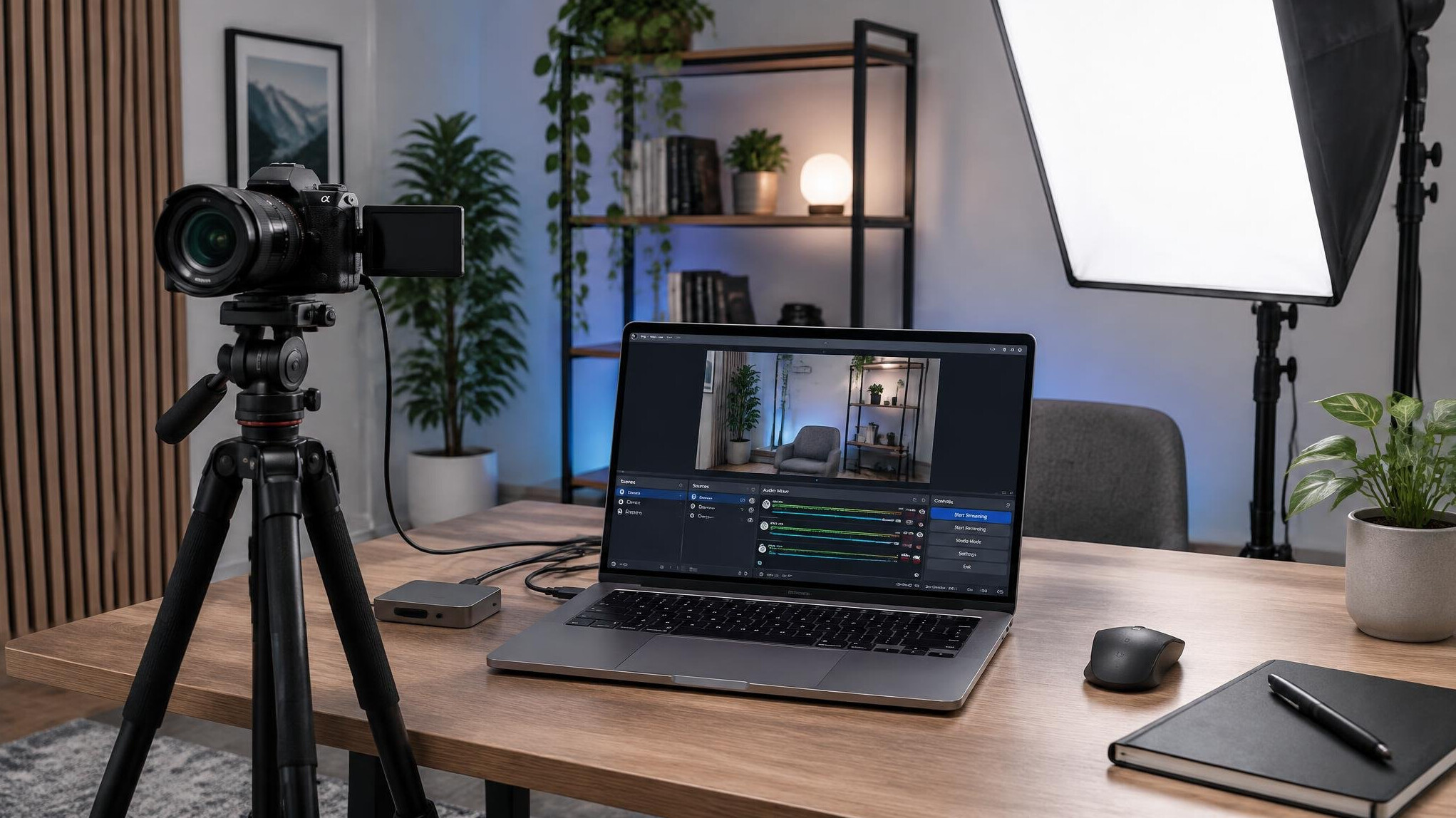 Live streaming setup with a camera, laptop and lighting